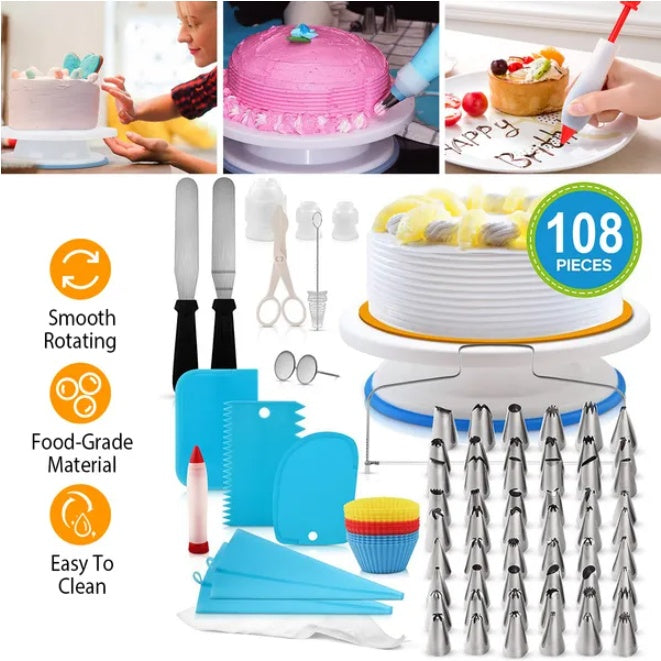 11 Inch Rotating Cake Turntable With 108 Cake Decoration Items Set