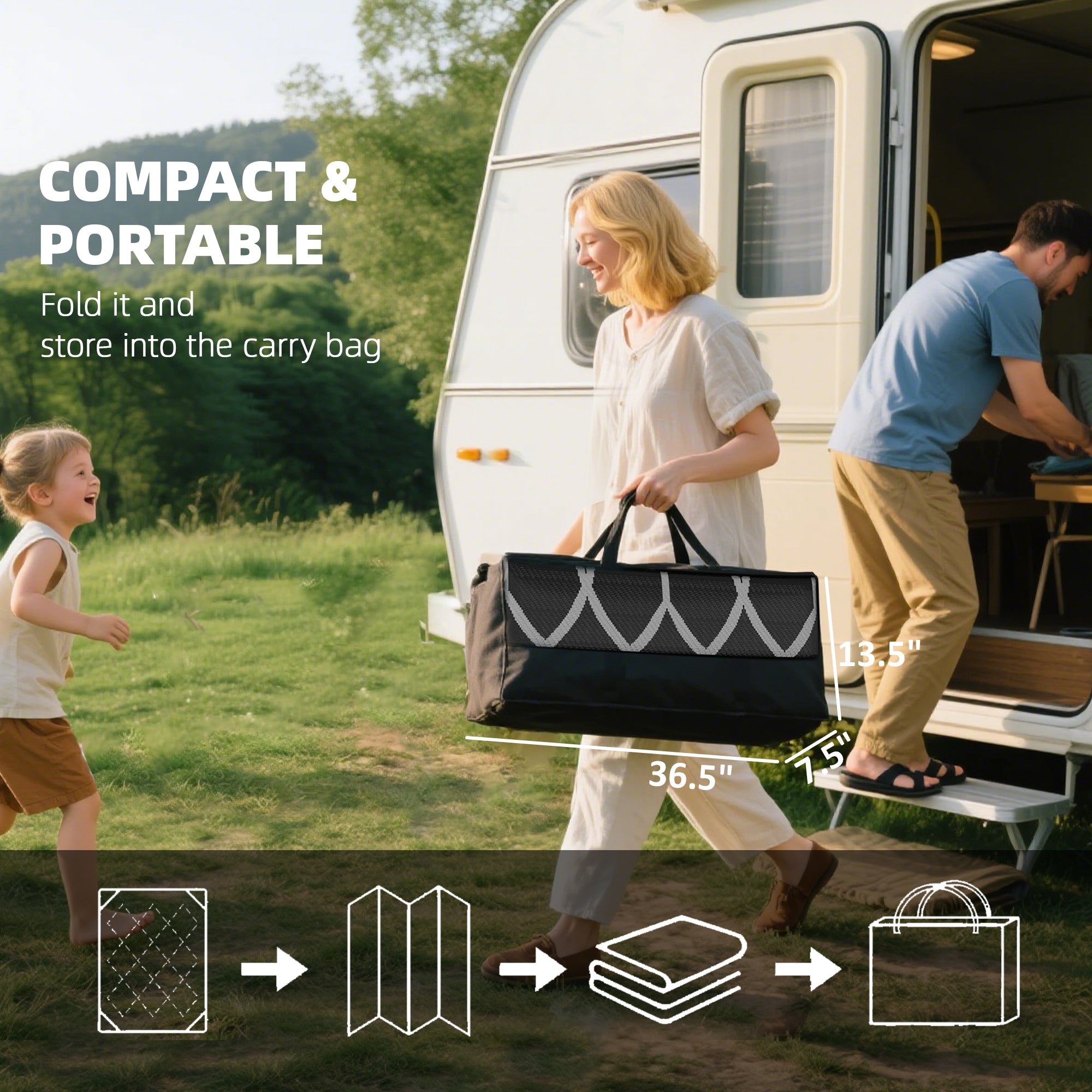 Reversible Outdoor Rug, Waterproof Plastic Straw With Carry Bag, 9 X 18, Black & Gray Lantern