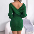 2025 Autumn-Winter Sexy Cross V-neck Bat Skirt With Hip Wrapping, Hairy Dress