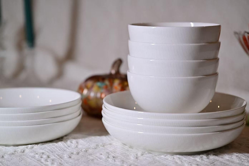 Setaria Bone China Dinnerware Set, 12 Pieces, Service For 4, Plates, Dishes, Bowls Set, Microwave And Dishwasher Safe, Ivory White With Narrow Curve Stripe