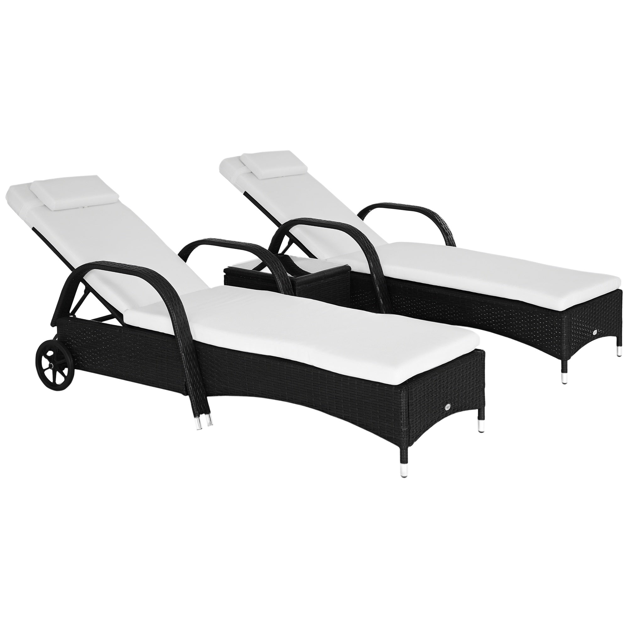 3 Piece Outdoor Loungers With Armrests Cushion Wicker Lounge Chair Set Headrest  Side Table  Wheel  Black