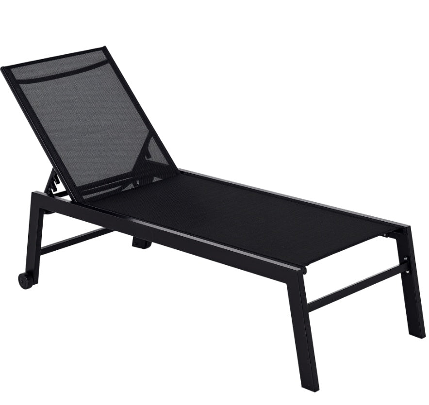 Chaise Lounge Chair Black With Wheels Adjustable Backrest Breathable For Sunbathing Patio