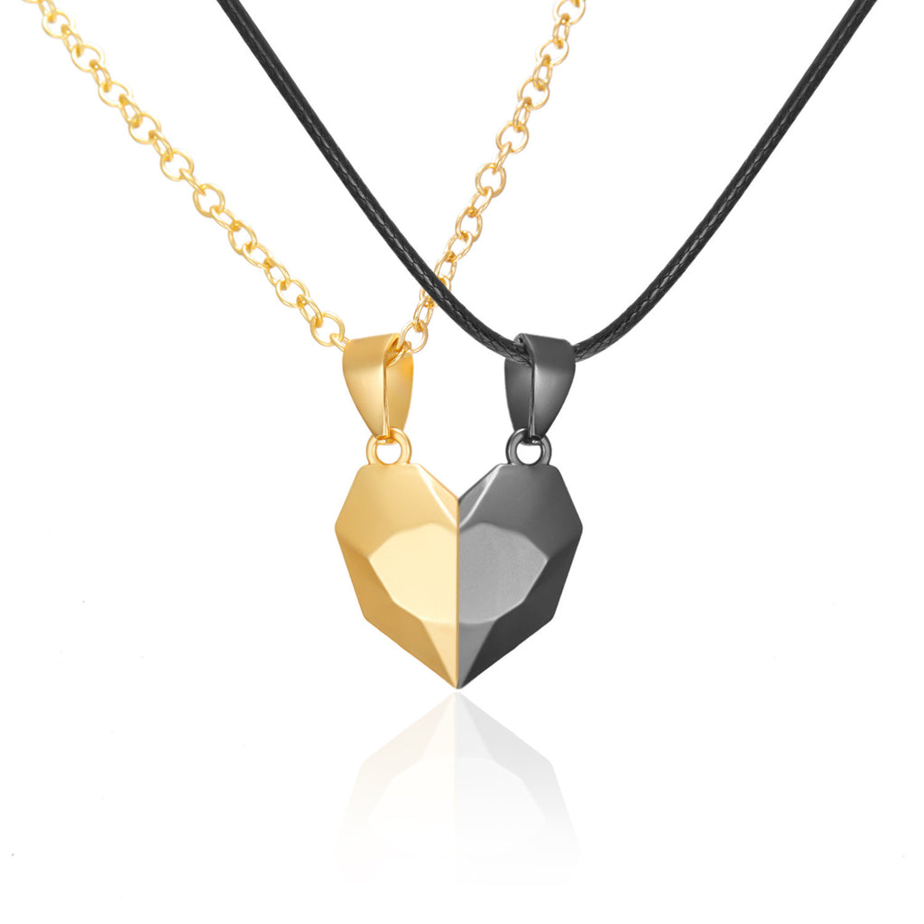 Attractive Wishing Stone Couple Pendant Necklace Ancient Love Token Heart-shaped Electrocardiogram Magnetic Heart Pendant Splicing Necklace Valentine's Day Gift