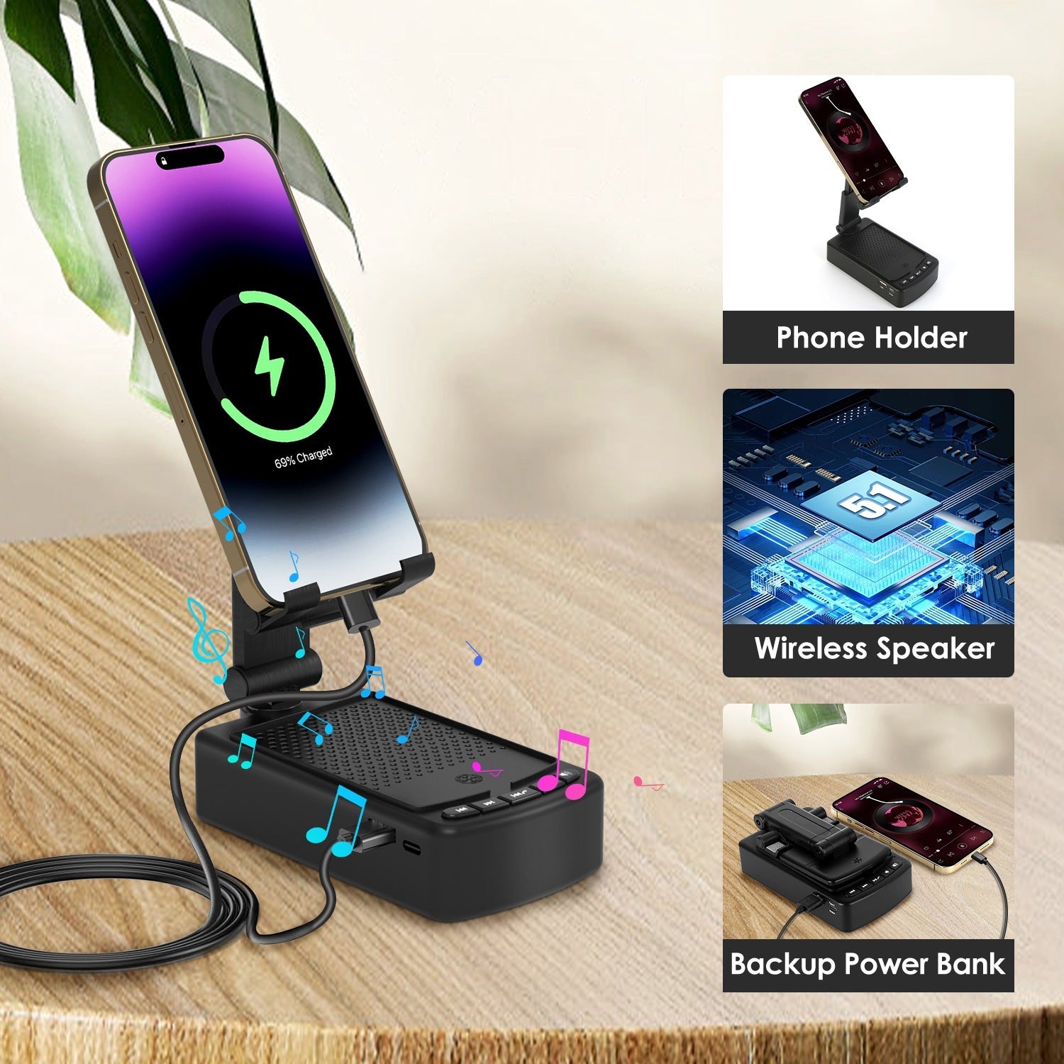 1Pc Cell Phone Stand With HD Surround Wireless Speaker Power Bank Portable Foldable Charging Phone Stand With Anti Slip Base Compatible With Phone Tablet For Home Office Outdoor