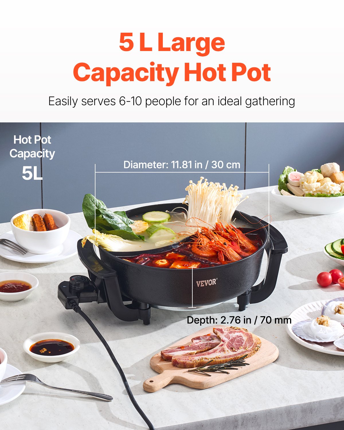 Electric Hot Pot 5 L Non-Stick Shabu-shabu Hot Pot With Divider For 6-10 People