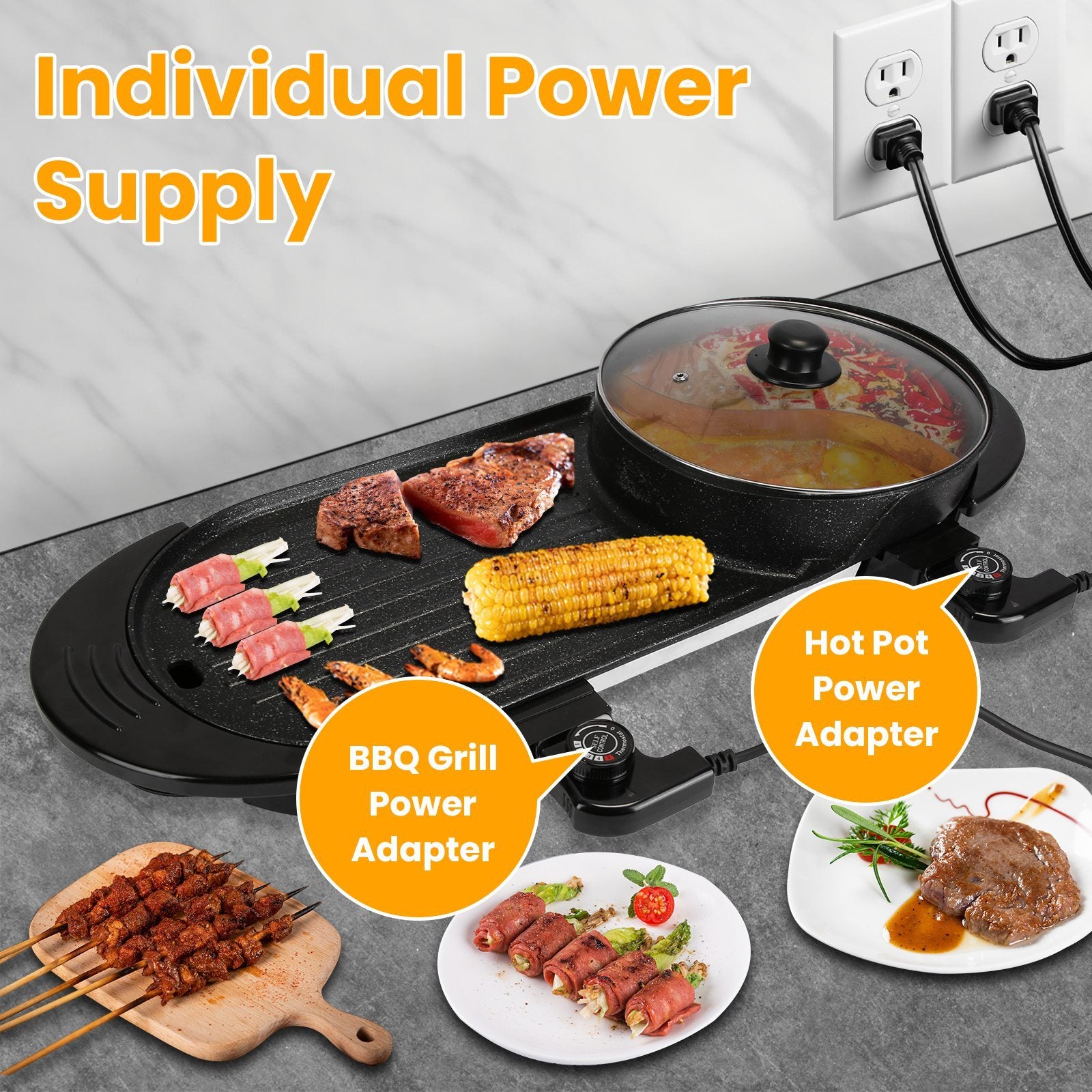 2200W  2 In 1 Electric Hot Pot With BBQ Grill Cooker Smokeless Non-Stick Korean BBQ Grill Shabu Shabu Hot Pot With Independent Temperature Control 5 Gears Firepower For 2-10 People