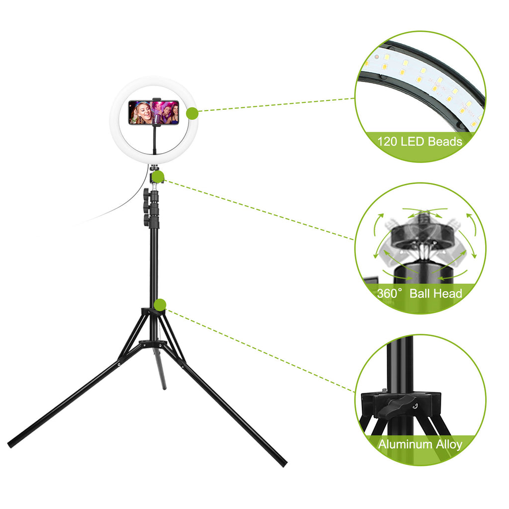 Selfie Ring Light 10in LED Dimmable 120 LEDs Makeup Ring Lights With Adjustable Tripod Stand Cell Phone Holder USB Powered For YouTube Video Live Stream Makeup Photography