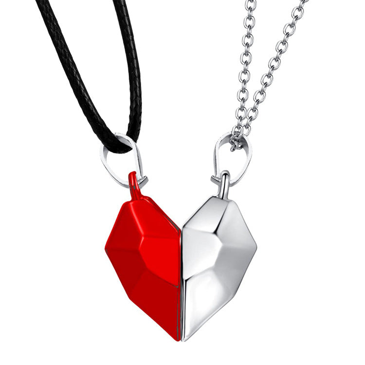 Attractive Wishing Stone Couple Pendant Necklace Ancient Love Token Heart-shaped Electrocardiogram Magnetic Heart Pendant Splicing Necklace Valentine's Day Gift