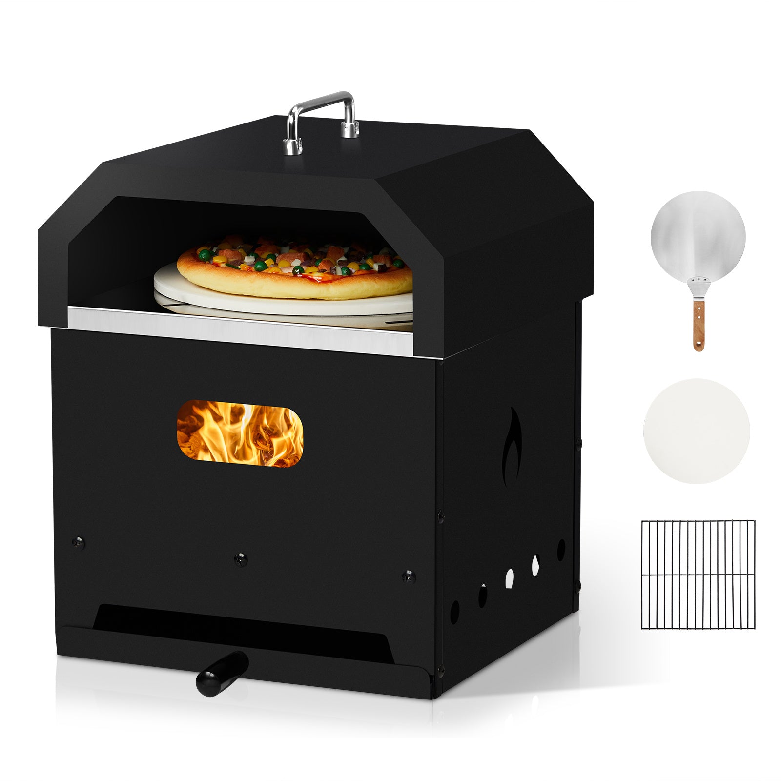 Oven + Grill Black, Square Pizza Oven With Handle, Iron Charcoal Oven