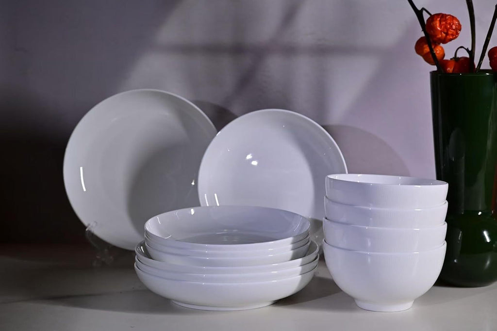Setaria Bone China Dinnerware Set, 12 Pieces, Service For 4, Plates, Dishes, Bowls Set, Microwave And Dishwasher Safe, Ivory White With Narrow Curve Stripe