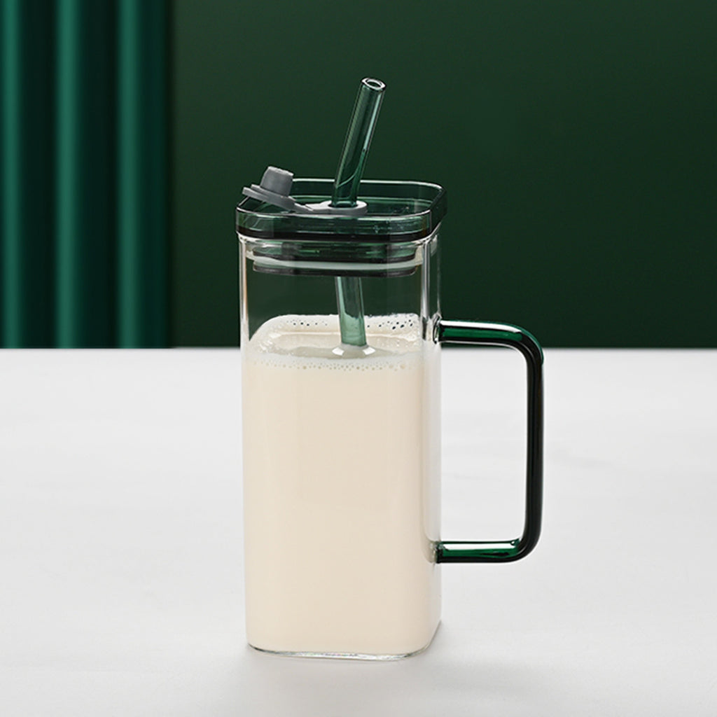 1 Pcs Green Glass Straw Cup, 6 Colors Square Glass Cup With Straw And Lid, High Borosilicate Glass Cup, Milk Cup, Juice Cup, Cold Drink Cup, Coffee Cup, Tea Cup, Office Cup, Gift Cup