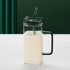 1 Pcs Green Glass Straw Cup, 6 Colors Square Glass Cup With Straw And Lid, High Borosilicate Glass Cup, Milk Cup, Juice Cup, Cold Drink Cup, Coffee Cup, Tea Cup, Office Cup, Gift Cup