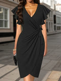 Middle Eastern New Women's Deep V-neck Pleated Sleeve Tight Casual Fashion Dress