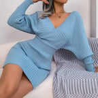 2025 Autumn-Winter Sexy Cross V-neck Bat Skirt With Hip Wrapping, Hairy Dress