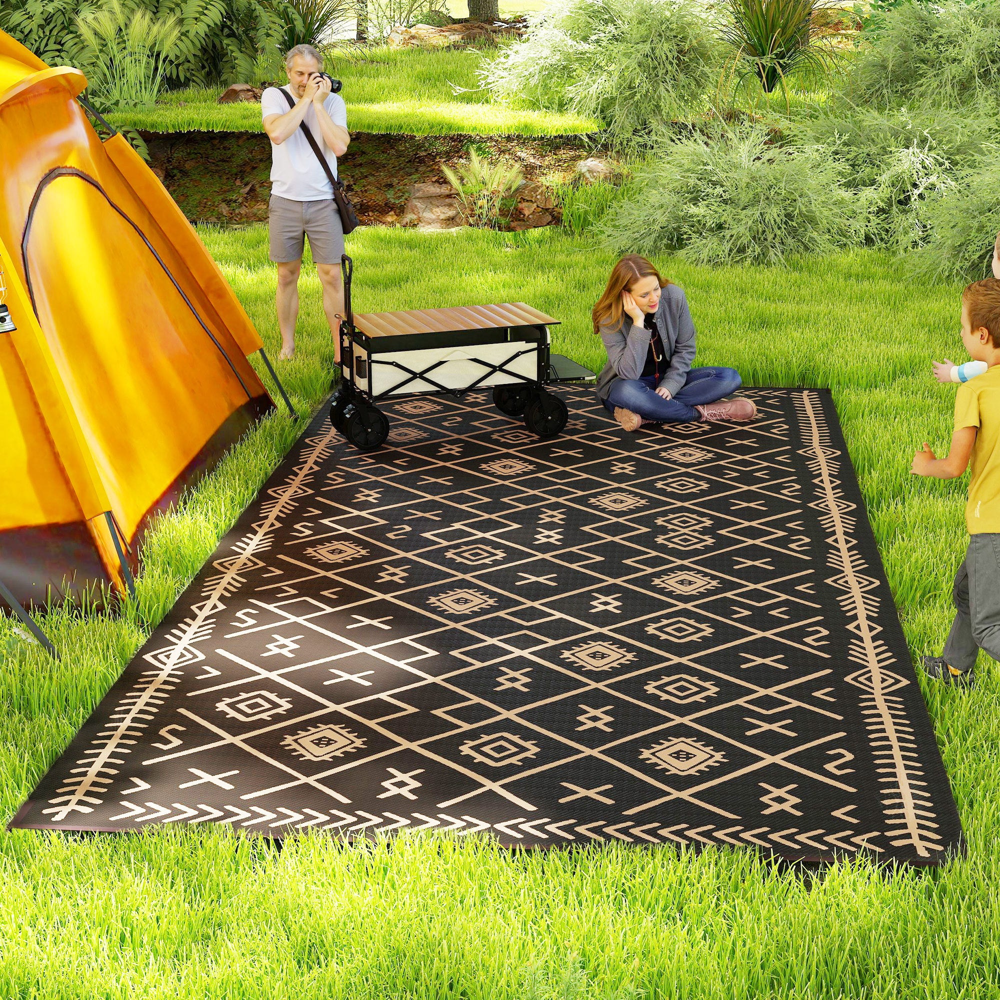 Reversible Outdoor Rug, Waterproof Plastic Straw With Carry Bag, 9 X 18, Black & Brown Rhombus