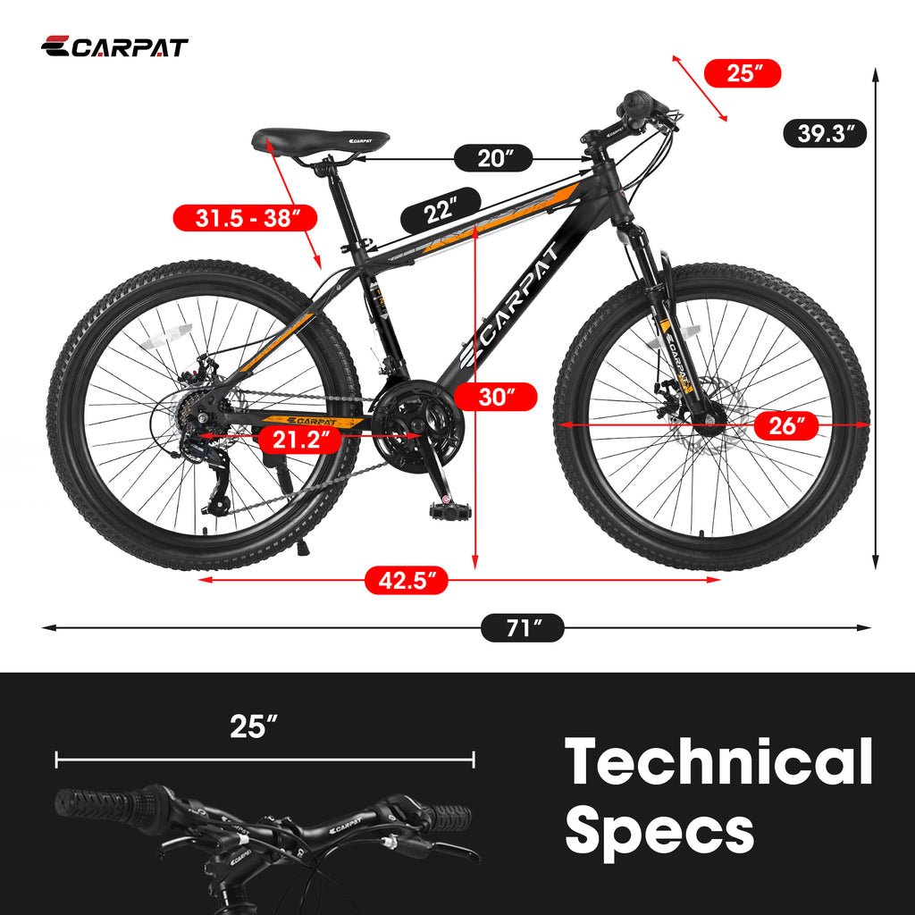 ECARPAT Mountain Bike - 21 Speed Bicycle S26102-BLACK-ORANGE
