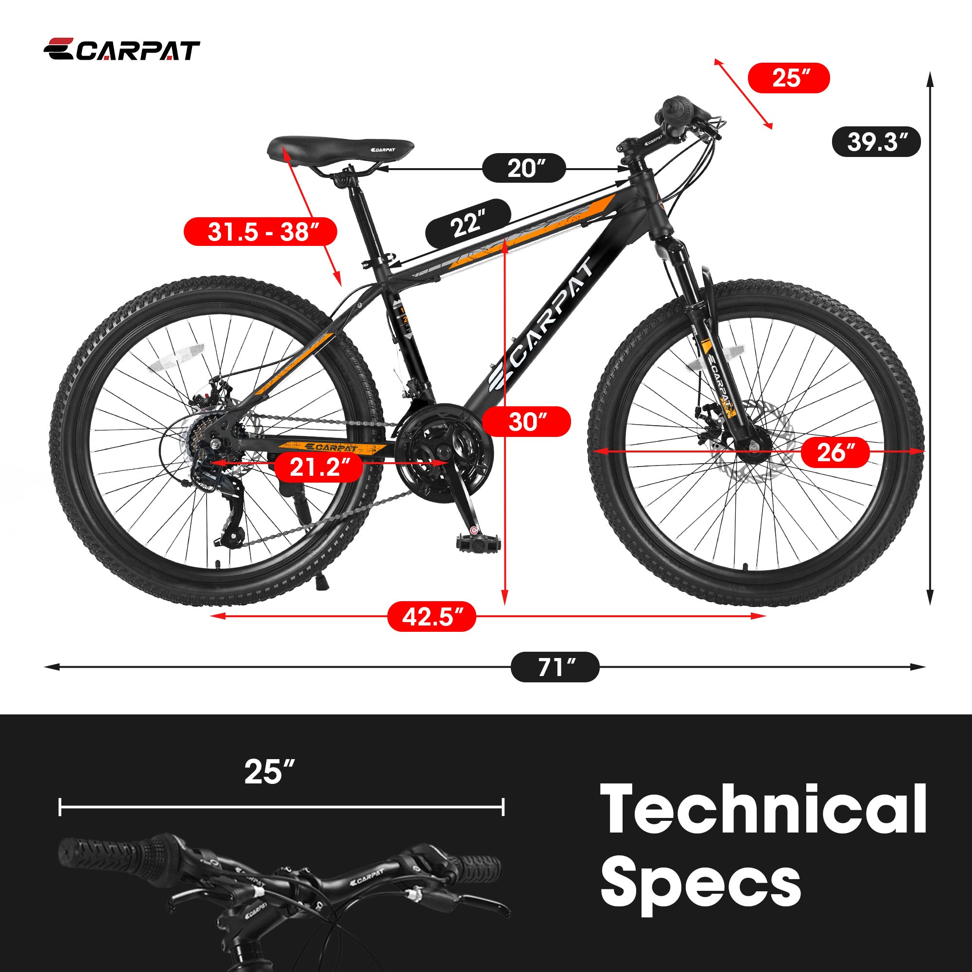 ECARPAT Mountain Bike - 21 Speed Bicycle S26102-BLACK-ORANGE