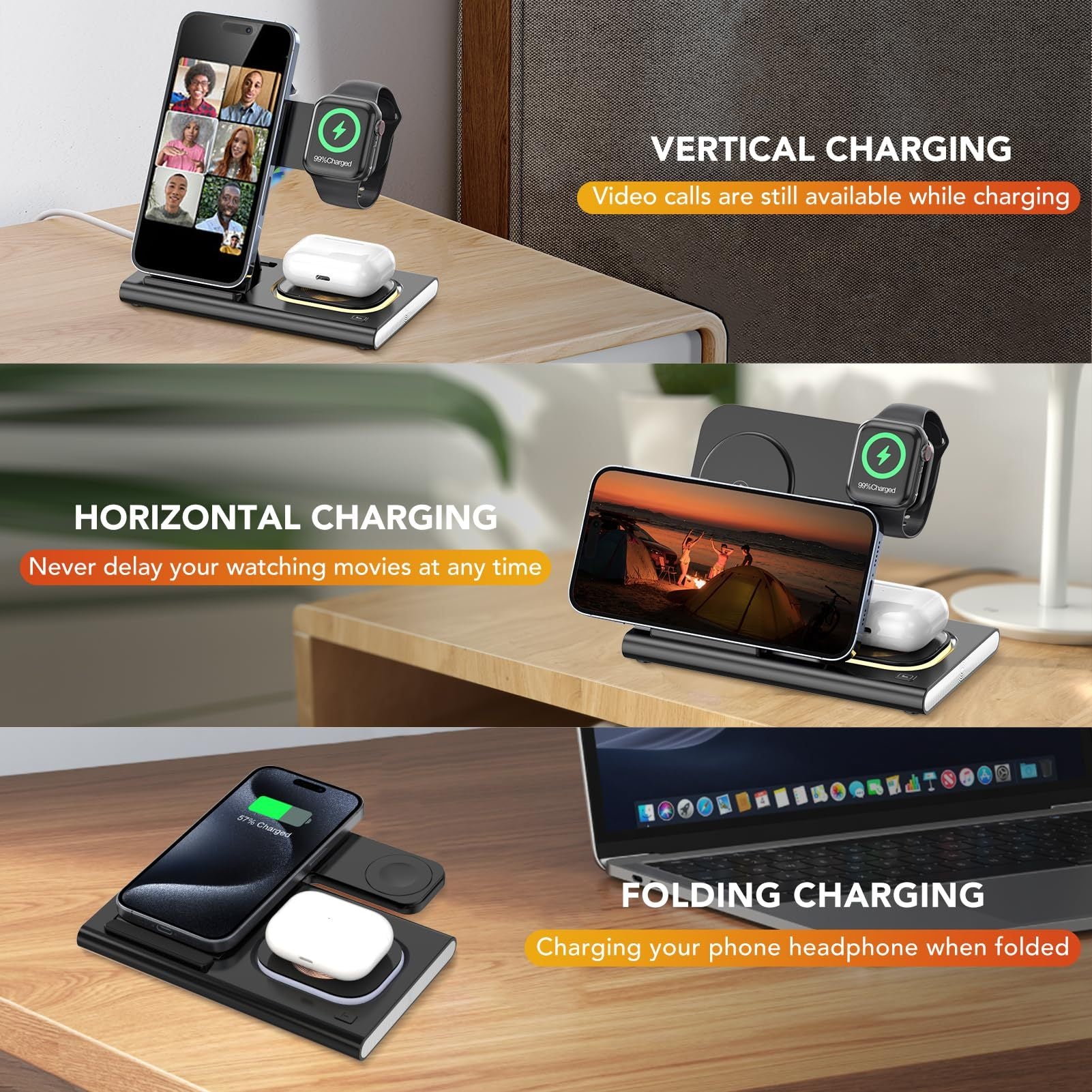 Wireless Charger Station, 4 In 1 Foldable 15W Fast Charging Wireless Charging Station With Night Light For IPods IWatch