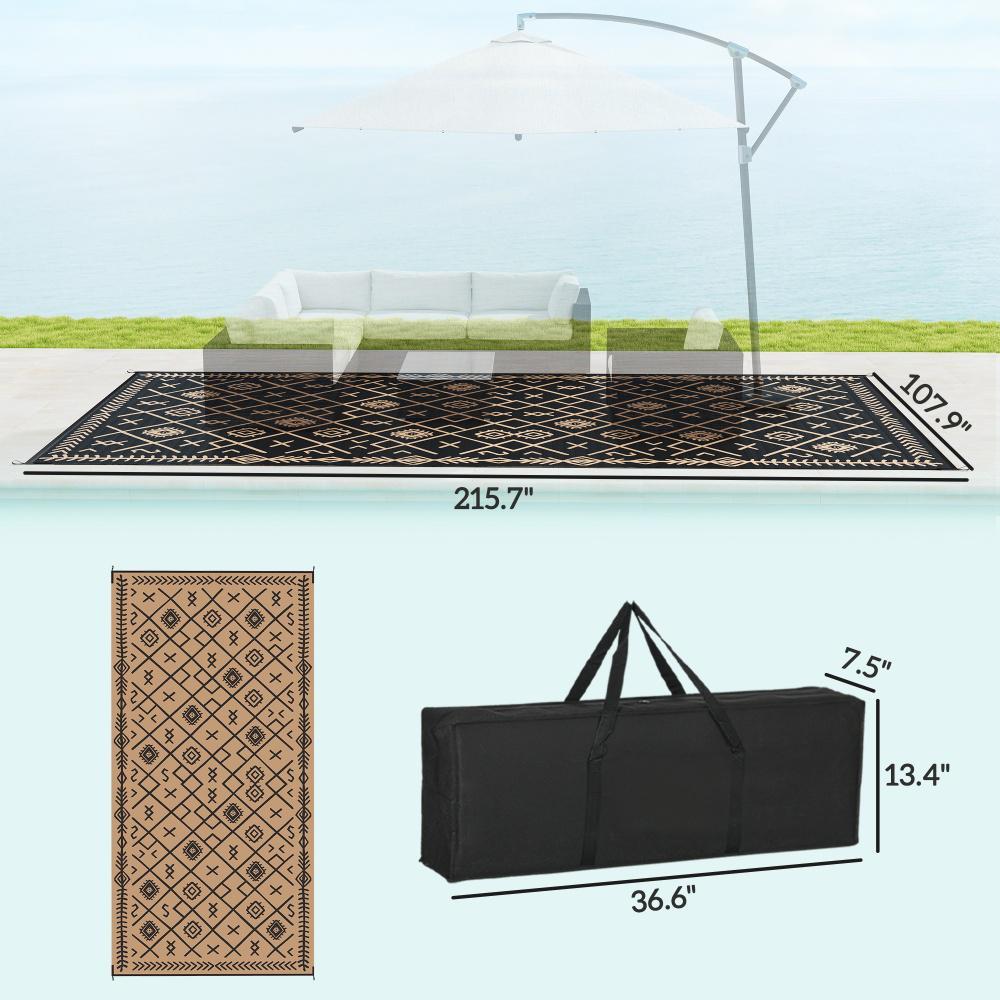 Reversible Outdoor Rug, Waterproof Plastic Straw With Carry Bag, 9 X 18, Black & Brown Rhombus