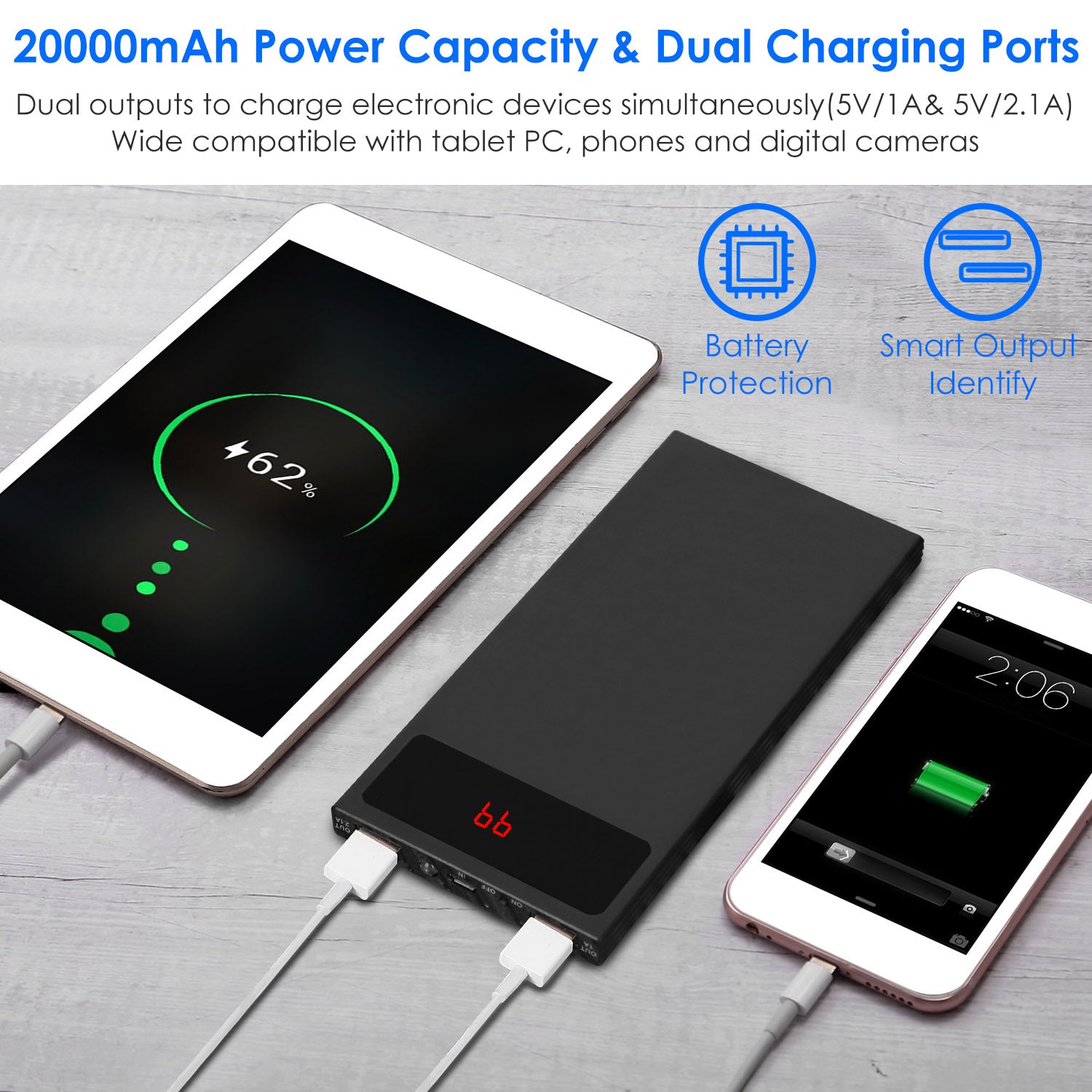Ultra-thin Power Bank 1Pc 20000mAh Power Bank Phone Charger Dual USB Port Flashlight Battery Remain Display