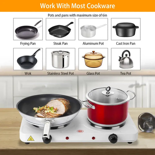 2000W Double Electric Burner Portable Dual Counter Stove Countertop Hot Plate Kitchen Cooker Stove With 5 Gear Temperature Control