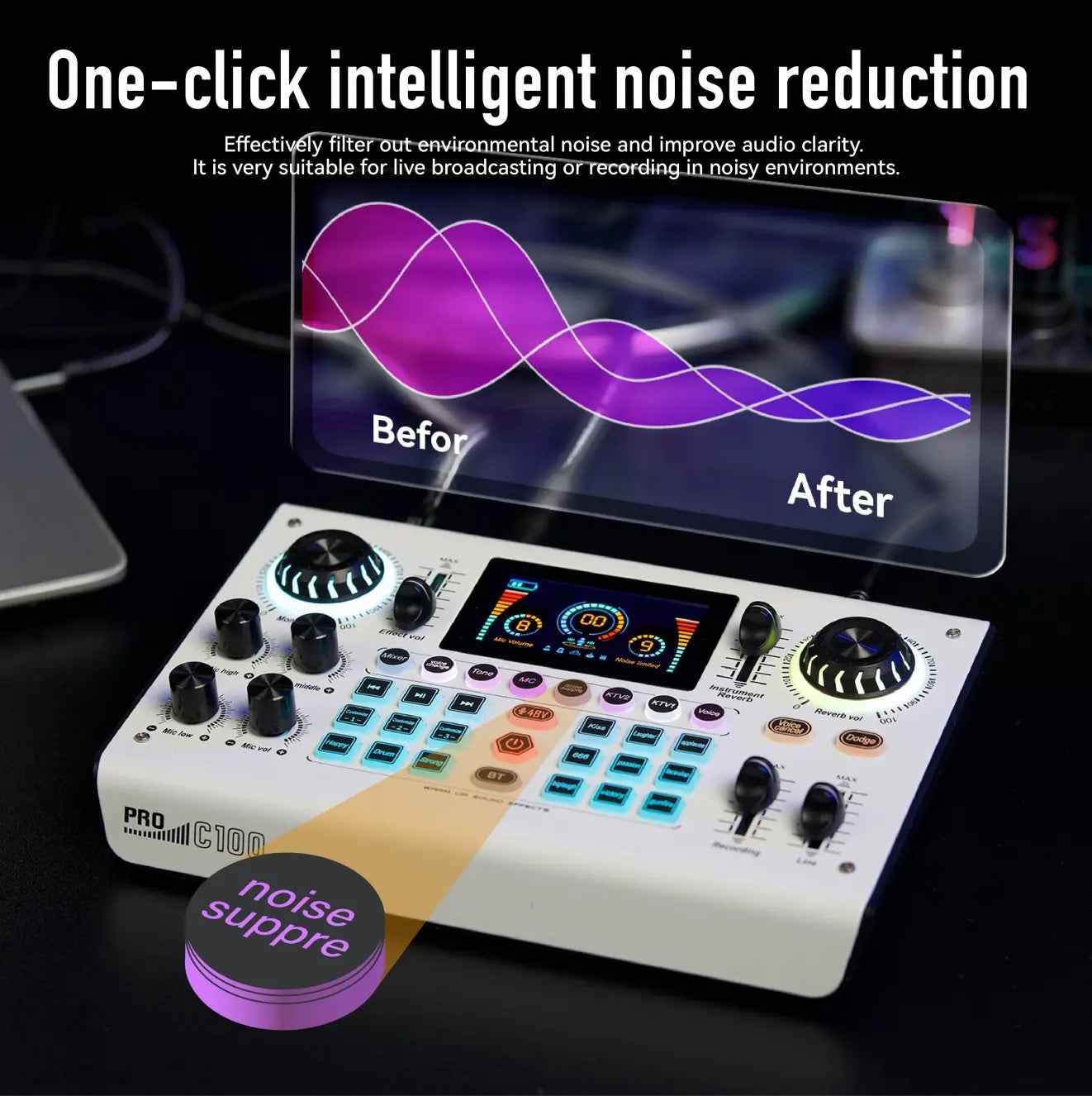 Big Discount C100PRO Lightweight And Portable Digital Sound Card, Real-time Voice Changer, Intelligent Noise Reduction, And Instrument Reverberation