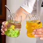 6 Pcs 19 Ounce Glass Straw Cup, Coffee Cup, Milk Cup, Juice Cup, Cold Drink Cup, Tea Cup, Water Cup, Office Cup, Striped Cloud Cup