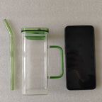 1 Pcs Transparent Glass Straw Cup, 6 Colors Square Glass Cup With Straw And Lid, High Borosilicate Glass Cup, Milk Cup, Juice Cup, Cold Drink Cup, Coffee Cup, Tea Cup, Office Cup, Gift Cup