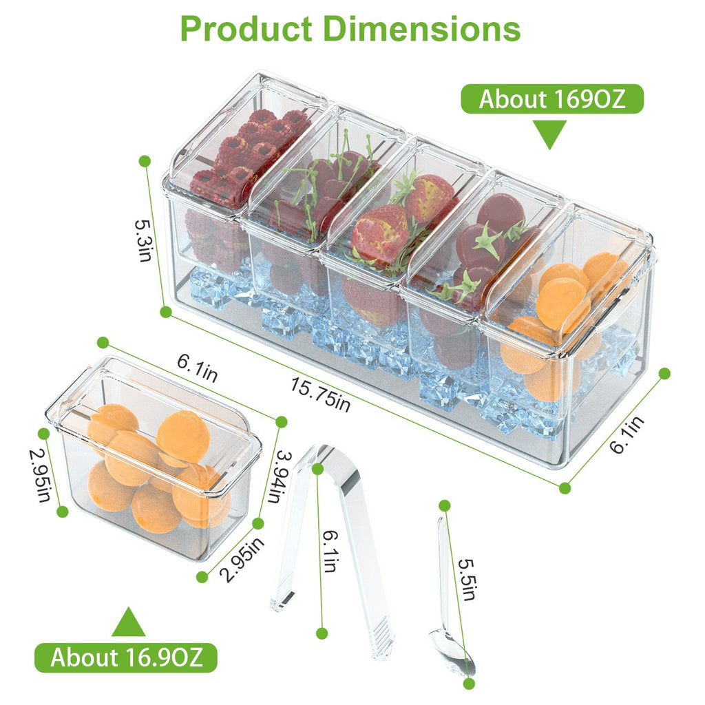 1Set Ice Chilled Condiment Caddy Serving Tray Container Bar Garnish Holder Salad Platter Server Food Storage With 5 Removable Containers 5 Lids 2 Tongs 5 Sporks