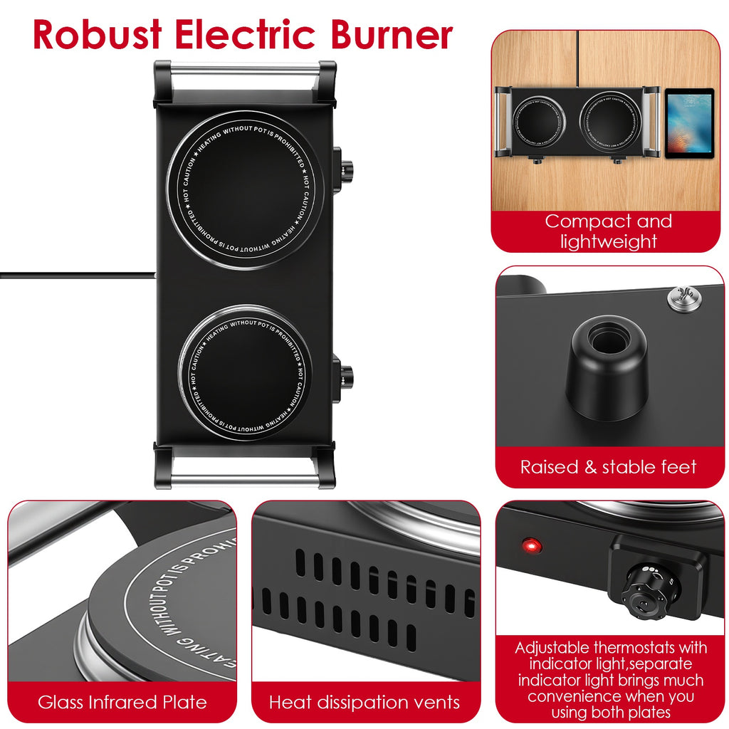 1800W Electric Double Burner Portable Heating Hot Plate Stove Countertop RV Hotplate With 5 Temperature Stepless Adjustments Portable Handles