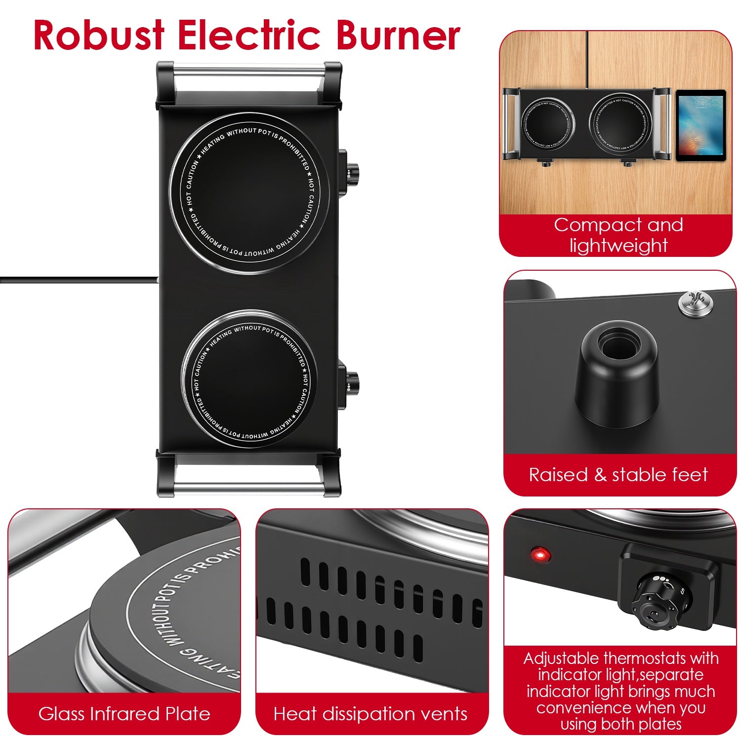 1800W Electric Double Burner Portable Heating Hot Plate Stove Countertop RV Hotplate With 5 Temperature Stepless Adjustments Portable Handles