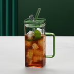 6 Pcs Glass Straw Cup, 6 Colors Square Glass Cup With Straw And Lid, High Borosilicate Glass Cup, Milk Cup, Juice Cup, Cold Drink Cup, Coffee Cup, Tea Cup, Office Cup, Gift Cup