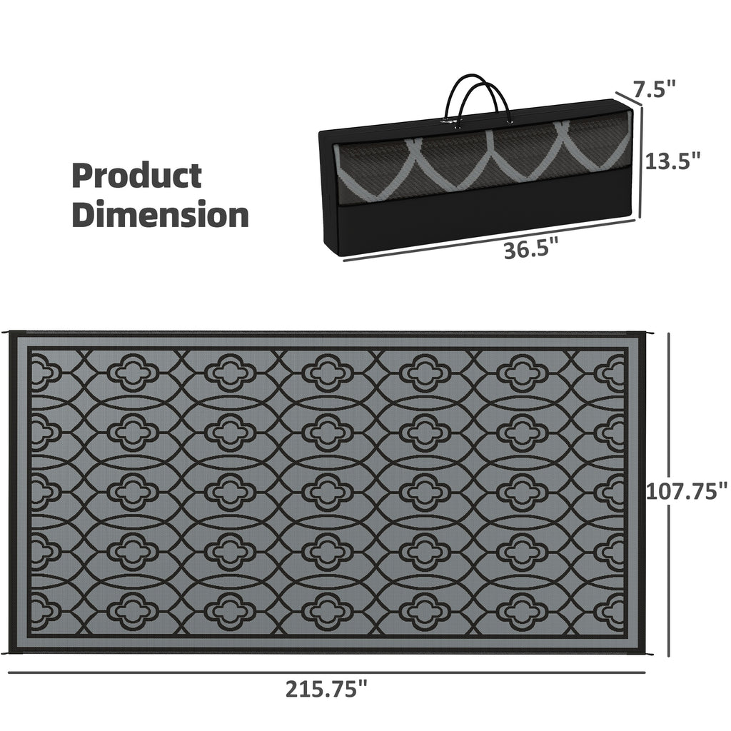Reversible Outdoor Rug, Waterproof Plastic Straw With Carry Bag, 9 X 18, Black & Gray Lantern