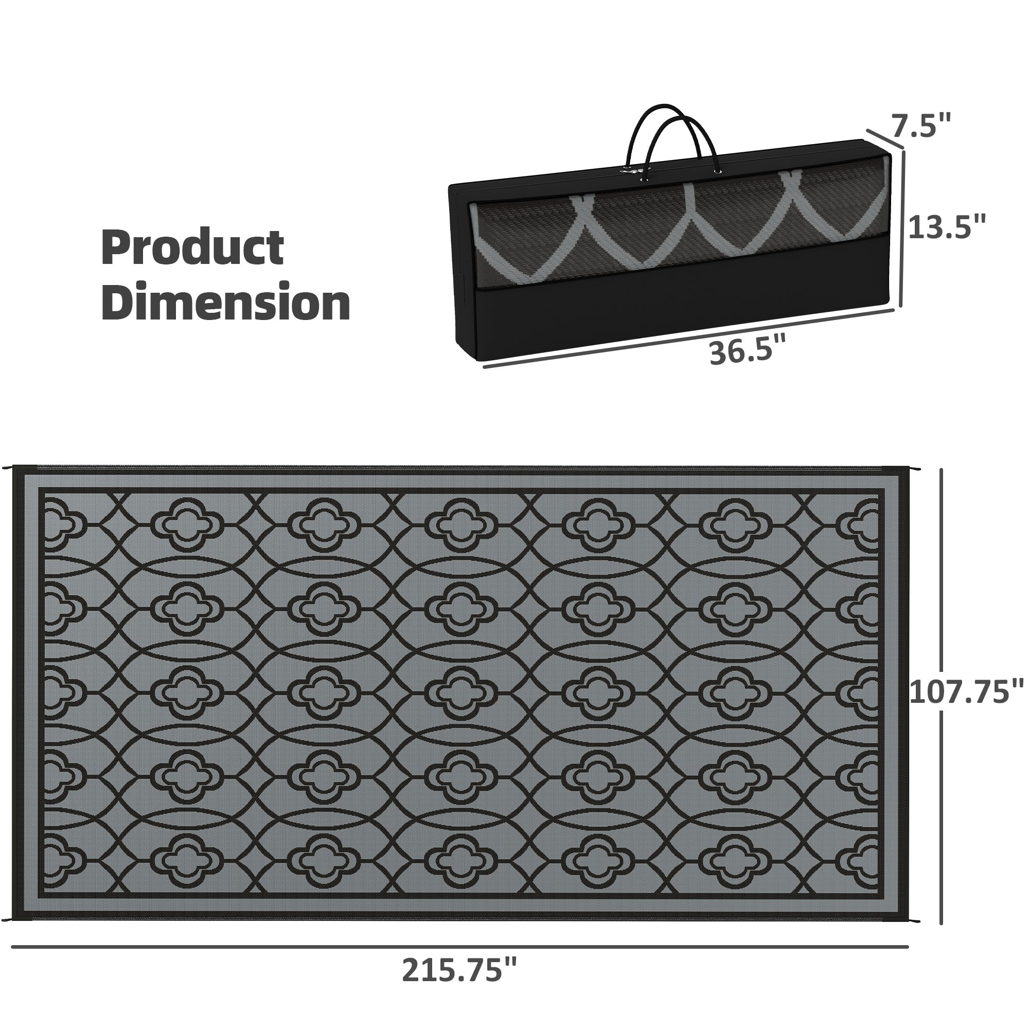 Reversible Outdoor Rug, Waterproof Plastic Straw With Carry Bag, 9 X 18, Black & Gray Lantern