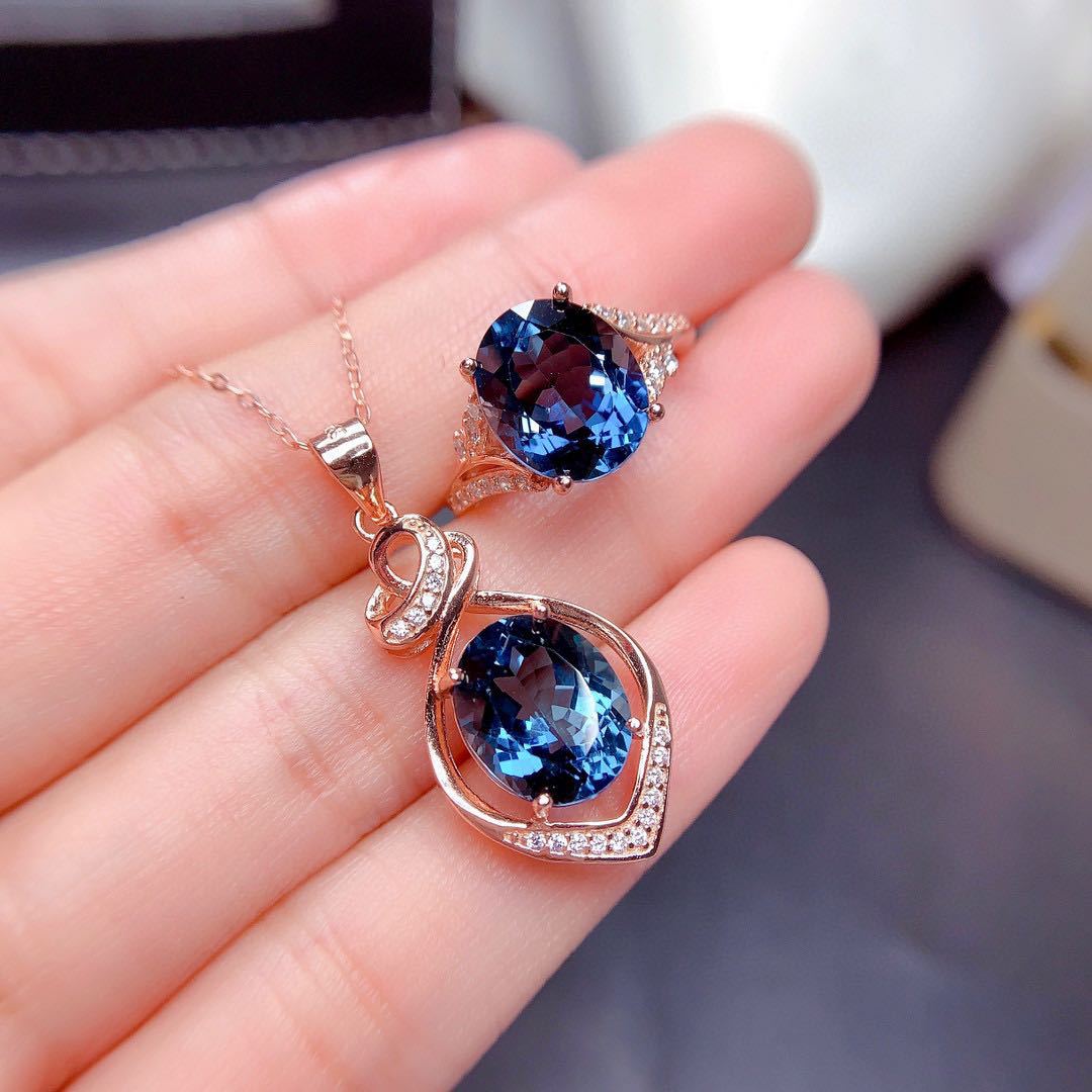 Blue Zircon Diamonds Gemstones Pendant Necklace
