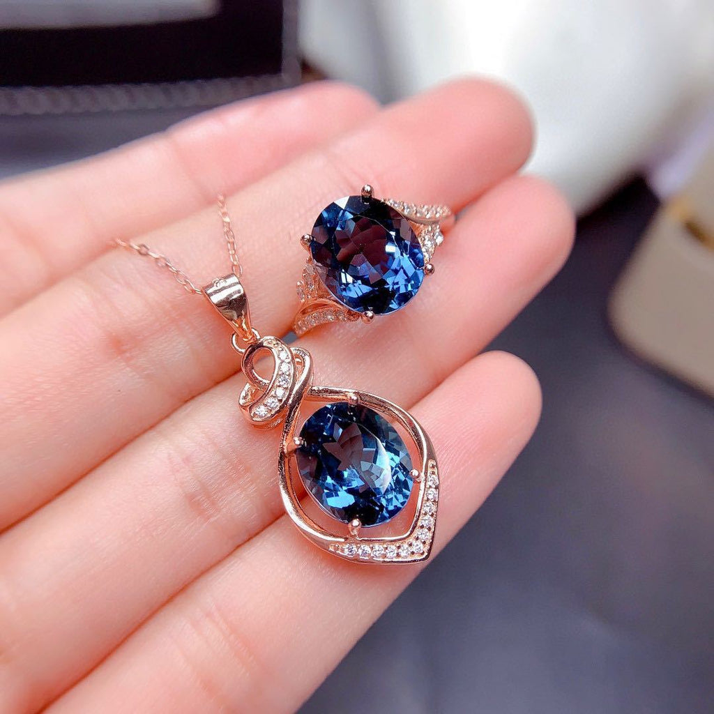 Blue Zircon Diamonds Gemstones Pendant Necklace