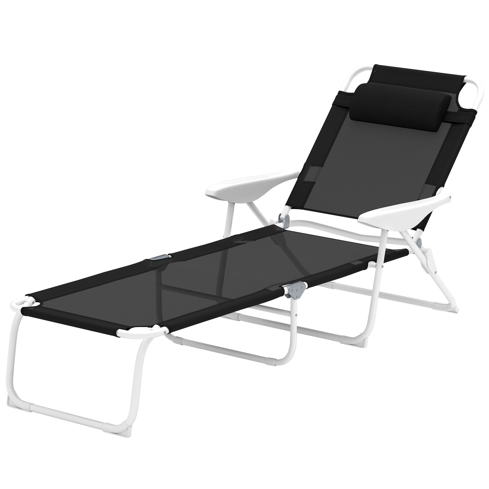 Outdoor Sun Tanning Chair, Folding Chaise Lounge, 4-Position Reclining Back, Armrests, Removable Pillow, Black