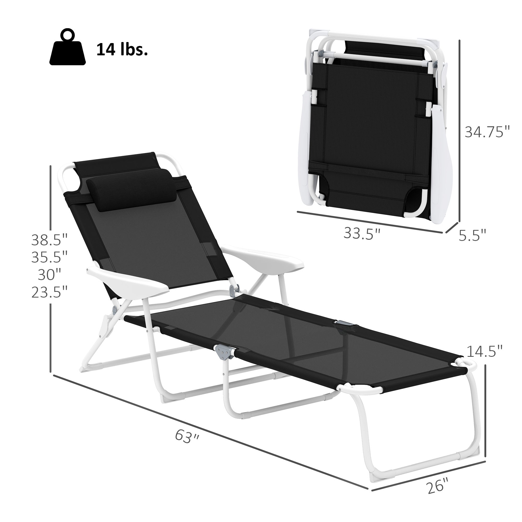Outdoor Sun Tanning Chair, Folding Chaise Lounge, 4-Position Reclining Back, Armrests, Removable Pillow, Black