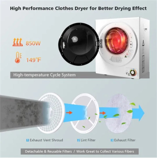 Compact Portable Clothes Dryer 850W - 10 Lbs Wet Capacity, 5.5 Lbs Dry Load, Quiet Design  For Apartments Dorms