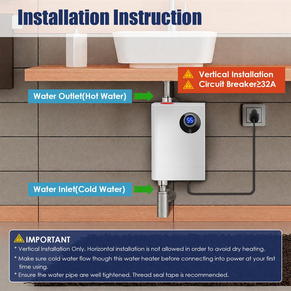 3000W Electric Tankless Water Heater Instant Mini Hot Water Heater With Digital Display For Kitchen RV Sink Bathroom
