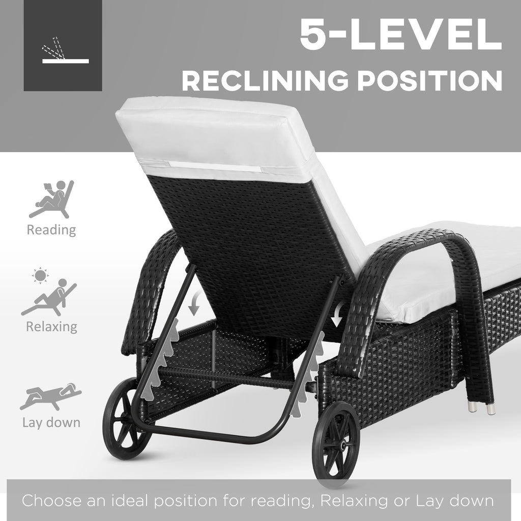 3 Piece Outdoor Loungers With Armrests Cushion Wicker Lounge Chair Set Headrest  Side Table  Wheel  Black