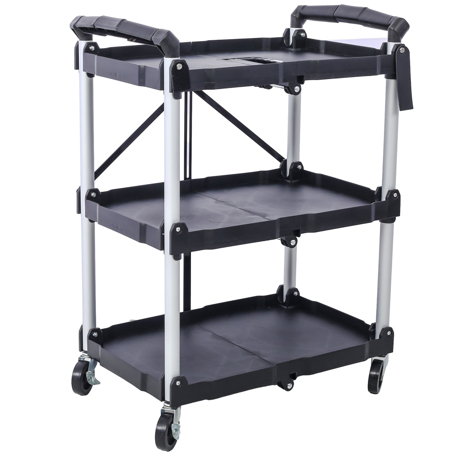 Outdoor Folding 3-Layer Folding Collapsible Service Cart, Black, 50 Lb Capacity