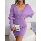 2025 Autumn-Winter Sexy Cross V-neck Bat Skirt With Hip Wrapping, Hairy Dress