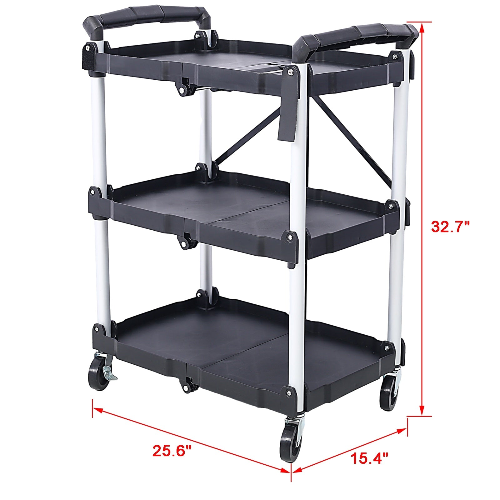 Outdoor Folding 3-Layer Folding Collapsible Service Cart, Black, 50 Lb Capacity