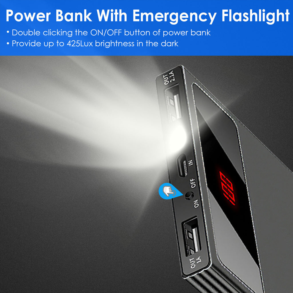 Ultra-thin Power Bank 1Pc 20000mAh Power Bank Phone Charger Dual USB Port Flashlight Battery Remain Display