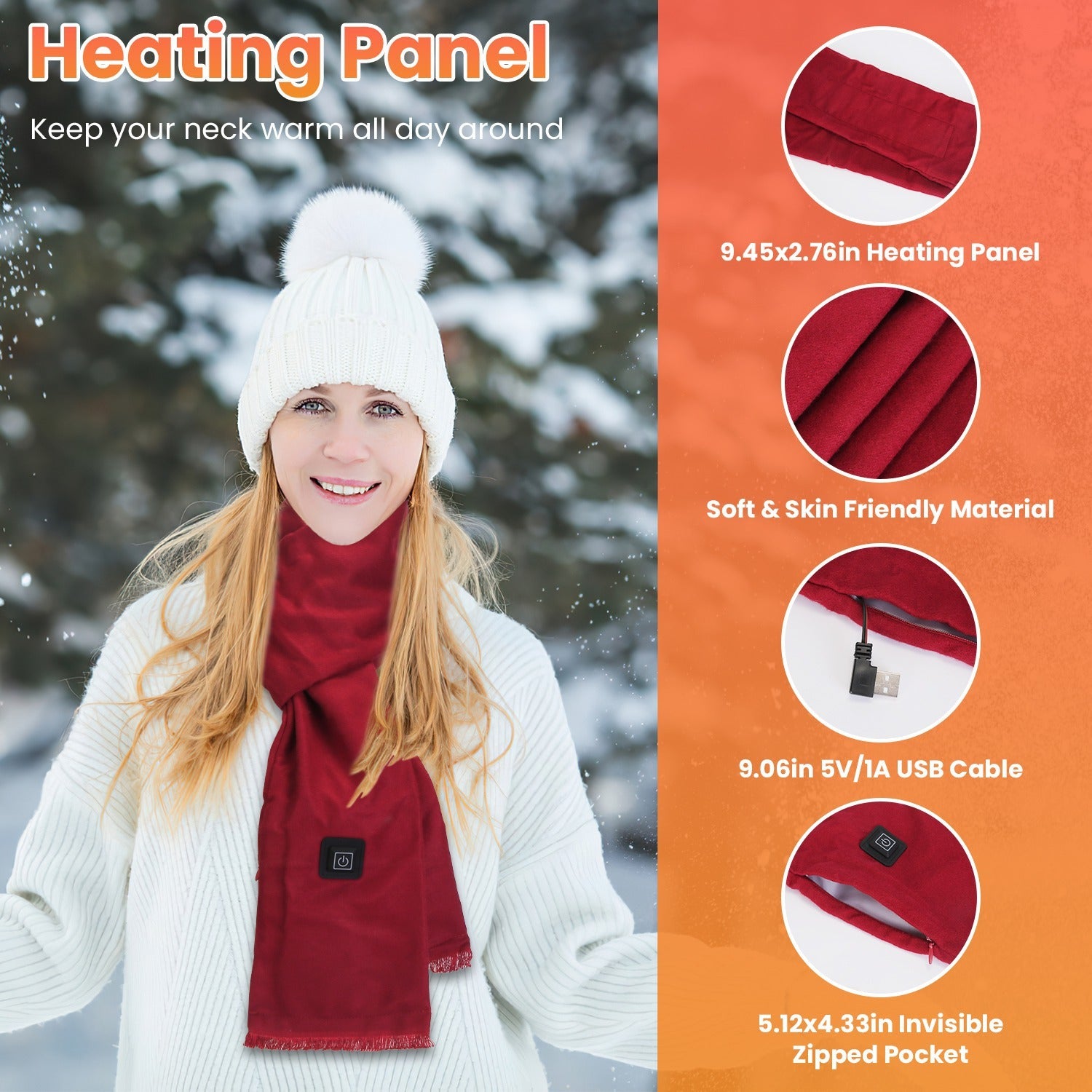 Unisex 1Pc Electric Heated Winter Scarf USB Heating Neck Wrap Unisex Heated Neck Shawl Soft Warm Scarves With 3 Heating Modes For Outdoor Cycling Skiing Skating Winter Activities