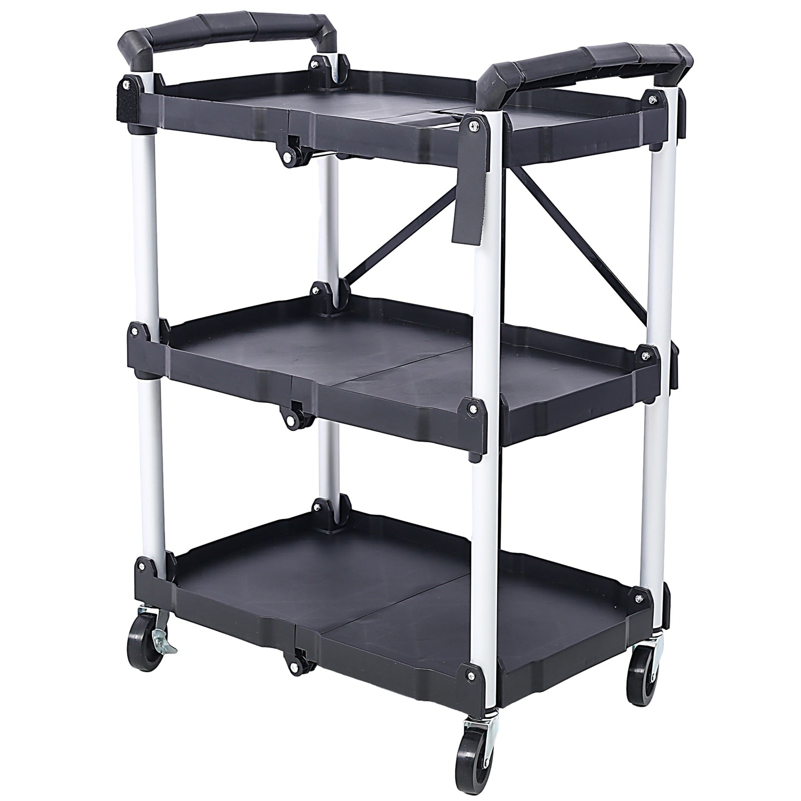 Outdoor Folding 3-Layer Folding Collapsible Service Cart, Black, 50 Lb Capacity