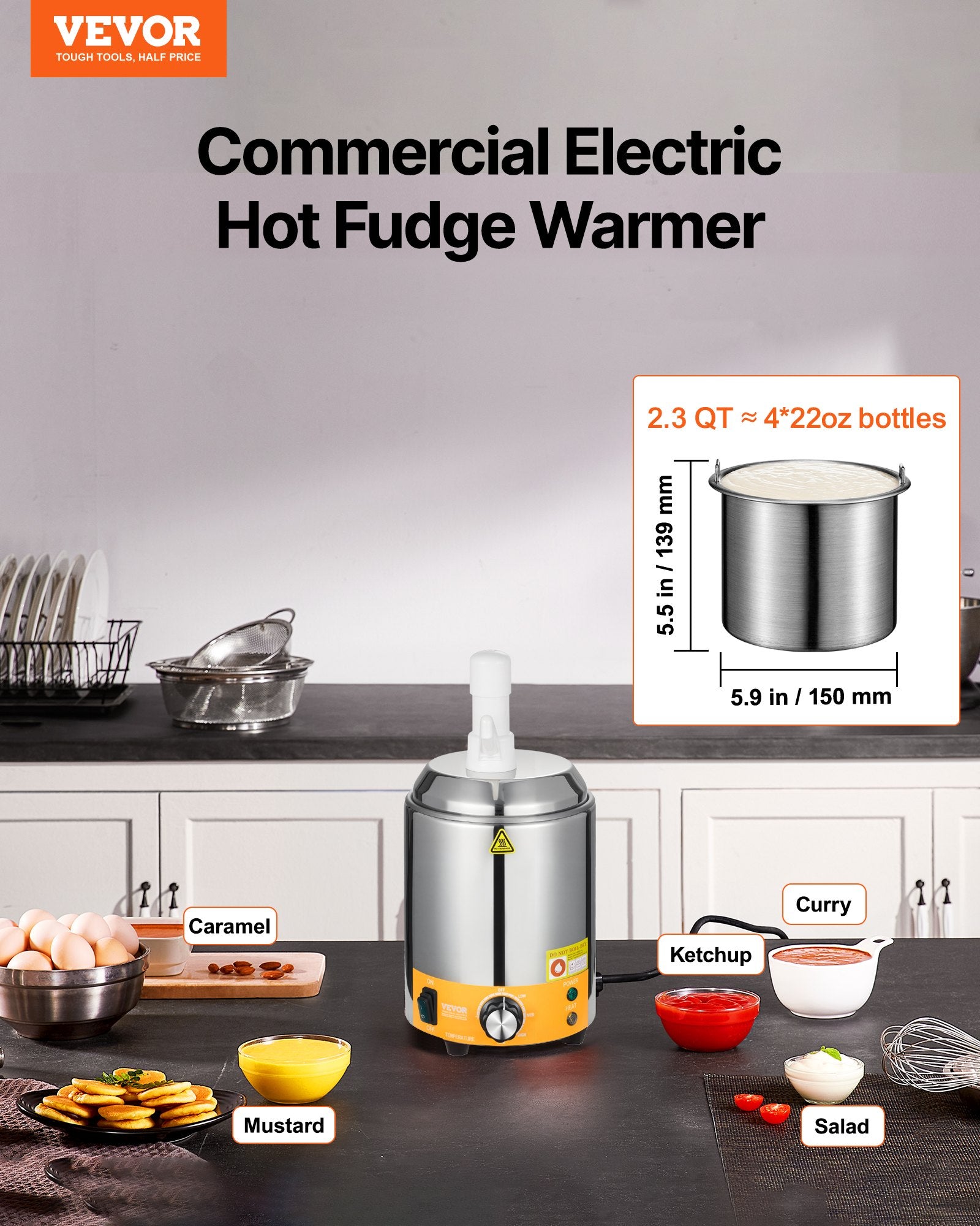2.4L Electric Cheese Dispenser With Pump Commercial Hot Fudge Warmer 86F-230F