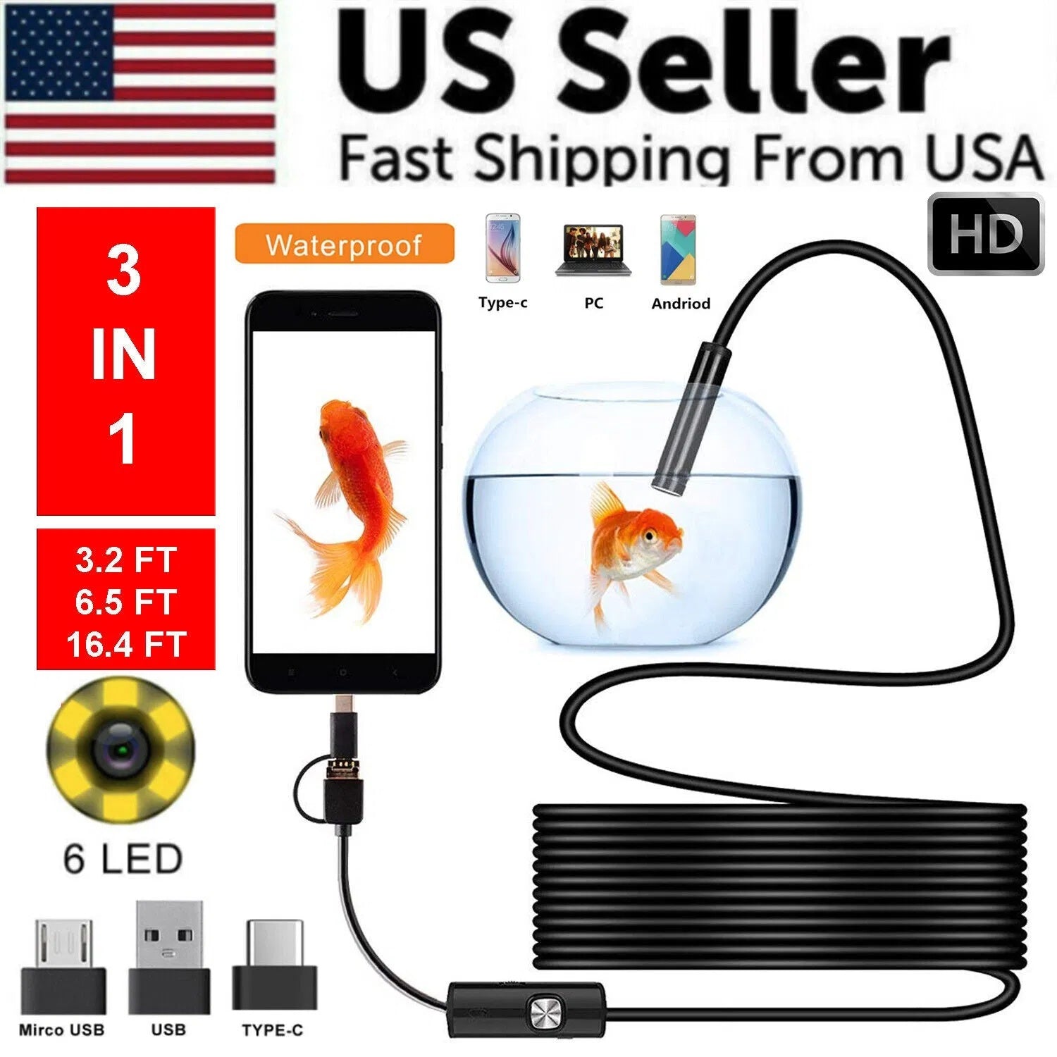USB Camera Scope 5M 6LEDs Snake Endoscope Borescope 8mm Inspection For Android