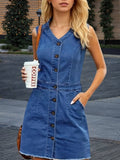 Women's Fashion Trend Sleeveless Dress, V-neck Design - Button Detail Frayed Hem Denim Skirt